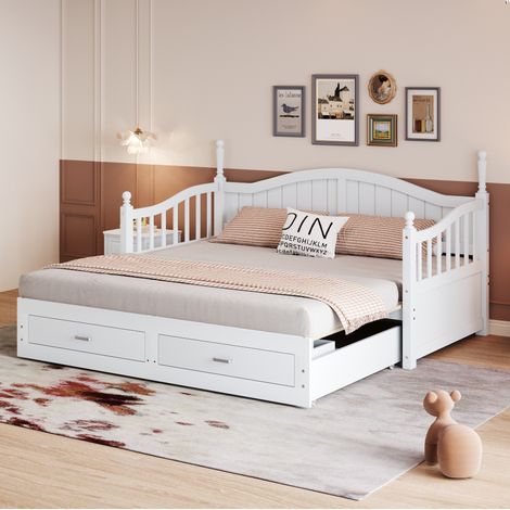 Lit banquette gigogne classique 90x190/180x190 cm en bois blanc avec tête de lit galbée, 2 tiroirs et sommier à lattes (1/5)