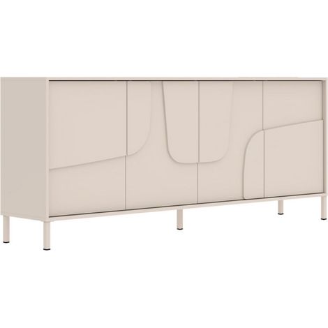Buffet 4 portes finition laqué beige façade relief piètement métal - EGERIE