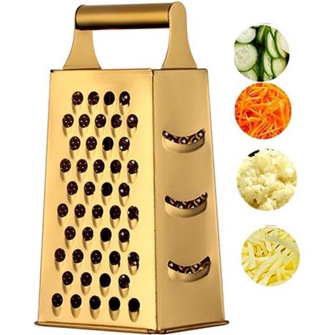 Rallador de queso y rebanador de verduras de acero inoxidable con 4 lados, 23,4 cm de altura, Rallador de caja grande, jengibre y frutas, Dorado (1/5)