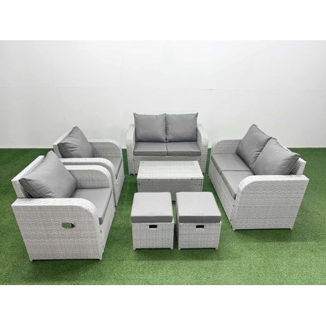 Fimous 8 Seater Outdoor Reclining Chair Love Sofa Set Rattan Garden Furniture Set with Rectangular Coffee Table 2 Stools Light Grey (1/4)