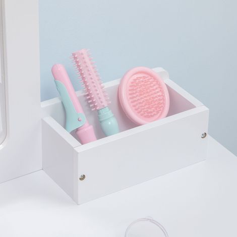 Table de maquillage enfant avec tabouret, miroir lumineux et 2 tiroirs, set de jeu en bois naturel et blanc (1/5)