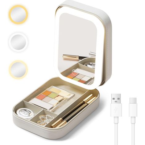 LED-Reisespiegel mit Beleuchtung und Schmuckorganizer, 3 Lichtfarben, Helligkeit einstellbar, USB-aufladbar, ideal für Schlafzimmer und Schminktisch, Weiß (1/5)