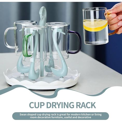 Égouttoir à tasses, porte-tasses Swan avec bac d'égouttage rotatif, égouttoir à tasses en plastique, support de séchage rotatif pour bouteilles, égouttoir à verres, égouttoir à tasses de comptoir (ble (1/4)