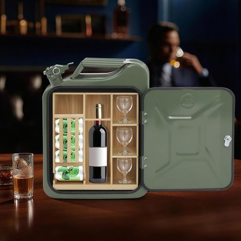 Bidon en métal, mini bar verrouillable avec compartiments en bois, cadeau pour homme, bar mobile, 35 x 15,5 x 47 cm (1/5)