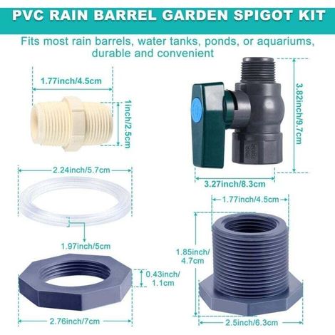 Robinet Récupérateur Eau Pluie 3/4", Vanne PVC avec Raccord et Adaptateur pour Tonneau, Aquarium, Piscine