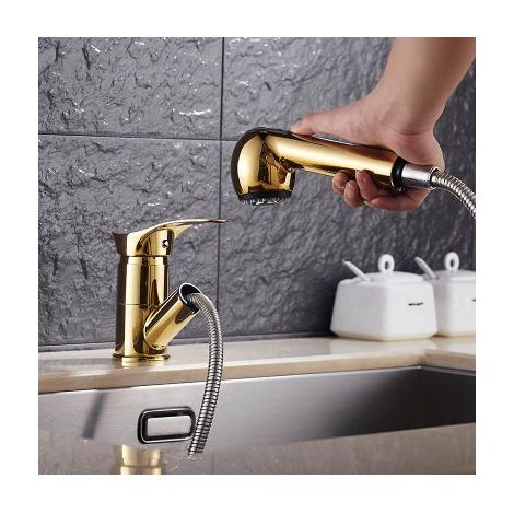 Robinet de Cuisine en Laiton doré évier Lave-Vaisselle Robinet d'évier à Tirer Robinet Rotatif Robinet d'eau Chaude et Froide(or) (1/4)