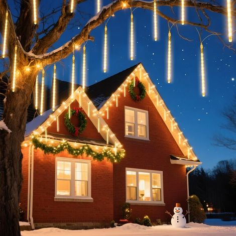 Guirlandes Lumineuses LED, Météores Pluie Lumières, 8 tubes de 30 cm, 192 LED, Blanc Chaud, Imperméable pour Intérieur et Extérieur (Arbre de Noël, Patio, Fêtes) [Classe énergétique A] (1/5)