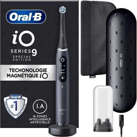 Cepillo de dientes eléctrico Oral-B iO 9 - Negro - 1 cabezal de cepillo - 1 estuche de viaje con cargador - 1 bolsa magnética (1/3)