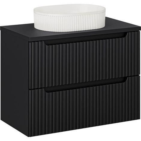 Insieme VANO 80cm: mobile sottolavabo con cassetti + piano per lavabo nero opaco + lavabo da appoggio bianco scanalato