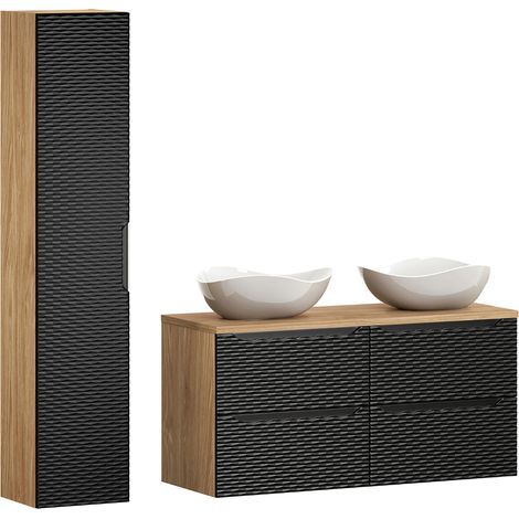 Badmöbel Set 2-teilig mit 120cm Doppelwaschtisch in Eiche mit schwarz OLUO-56-BLACK, Front mit 3D-Struktur in Wellenoptik (1/5)