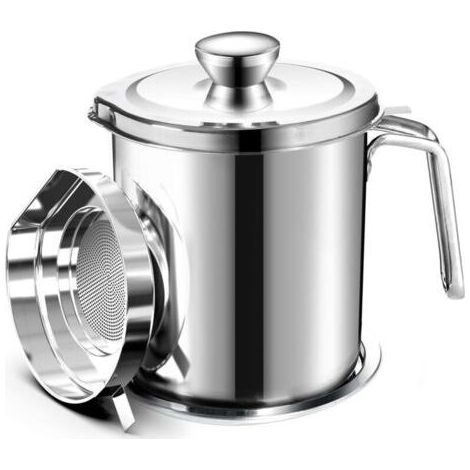 Oil Pot de graisse pour bidon de stockage en acier inoxydable avec bidon de 2 litres en Couvercle anti-poussière pour tamis à mailles fines Plaque antidérapante stockage d'huile de friture (1/5)