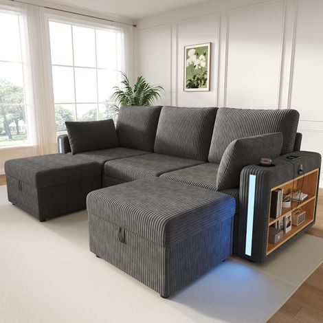 Sofá modular en U/L de 5-6 plazas con 2 pufs con almacenaje, LED, USB y Type-C, gris (1/5)
