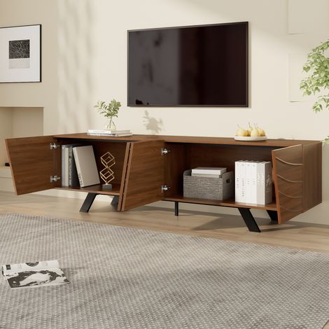 Meuble TV moderne à façade ondulée – meuble TV bas aspect noyer avec pieds en fer noirs, grand espace de rangement, gestion des câbles et tablette – meuble TV pour salon, entrée (160×39×50.5 cm) (1/5)