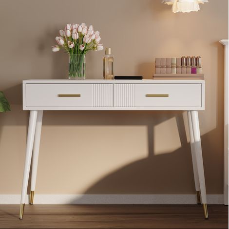 Bureau blanc 100x40 cm avec 2 tiroirs en MDF OKMYHOME (1/5)