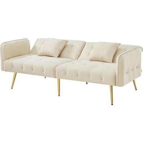 Sofá cama de 2 plazas con respaldo reclinable y reposabrazos regulables, terciopelo beige (1/5)