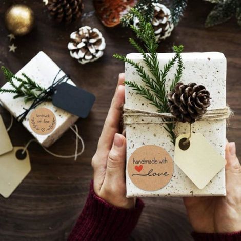 1000 étiquettes autocollantes rondes en papier kraft, faites main avec amour, pour décorer sacs cadeaux et décorations de Noël. (1/4)