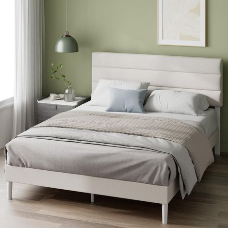 Piper Sommier 140x190 cm avec Lattes en Bois - Hauteur 30 cm - Cadre & Tête de Lit 2 Personnes Tapissier - Montage Facile - Blanc Cassé (1/5)