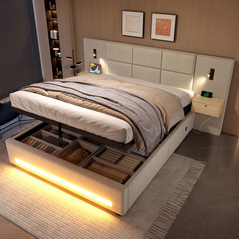 Cama almacenaje 180x200 cm con LED e interfaz USB-C estructura metálica acabado aterciopelado(Sin Colchón) (1/5)