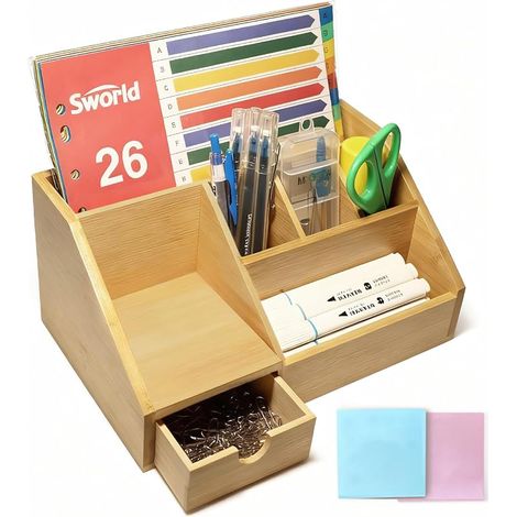 Organiseur de bureau en bois avec tiroir, porte-stylos et étagère de bureau, rangement pratique pour le bureau à domicile, le bureau et la maison (1/5)