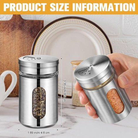 Lot De 2 Pots À Épices En Verre Avec Couvercle À Vis Inox, Ouvertures Réglables 3 Dosages, 4,8x4,8x8,3 cm, Argenté (1/4)