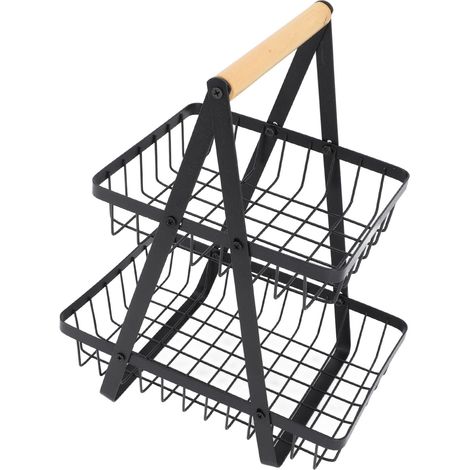 Corbeille à fruits noire, design ajouré, en fer multifonctionnel, à deux niveaux, idéale pour ranger les fruits dans le salon, la cuisine ou la salle à manger. (1/5)