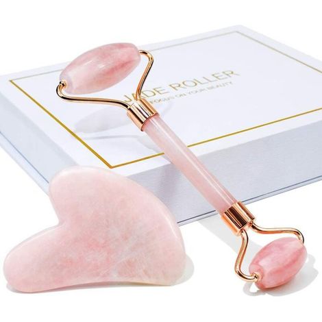 One Piece Gua Sha and Jade Roller, Facial Roller, Facial Roller Beauty Tool, Baimei Rose Quartz Facial, Eye, Neck Massager (Rose)
