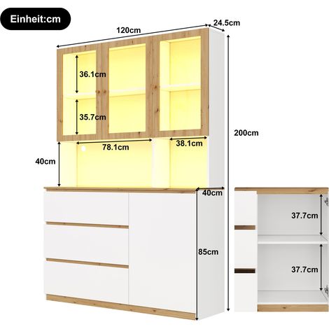 Vitrine multifonctionnelle avec LED intégrée en verre, blanc et chêne, 134,2 x 49,7 x 12,8 cm HOMAIRE (1/5)