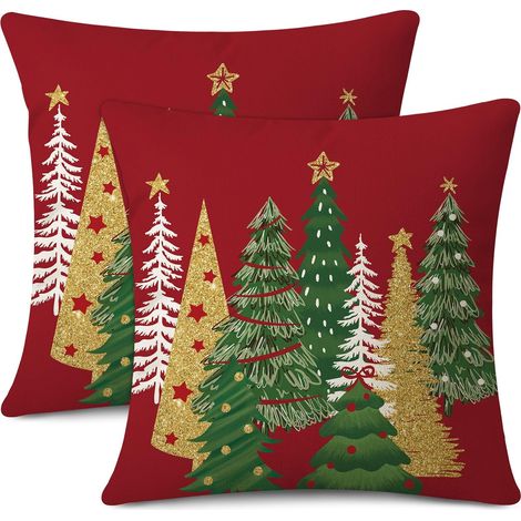 Juego de 2 fundas de cojín navideñas, 45×45 cm, diseño de abeto rojo, decoración de invierno, sofá/sillón. (1/5)