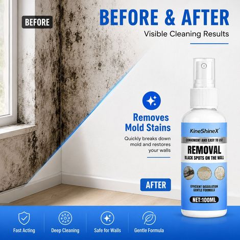 KineShineX Wandschimmelentferner-Spray, Flecken- und Schimmelentferner für Wände, Mittel zur Schimmelentfernung und Reinigung von Badezimmerfenstern und -ecken. (1/4)