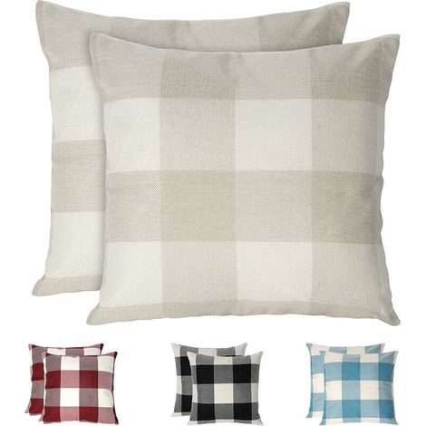 DEESSE SHOP - Housses de coussin à carreaux, lot de 2 taies d'oreiller en lin infroissables et respirantes, taies d'oreiller à carreaux, housses de coussin décoratives pour la maison, beige (1/5)