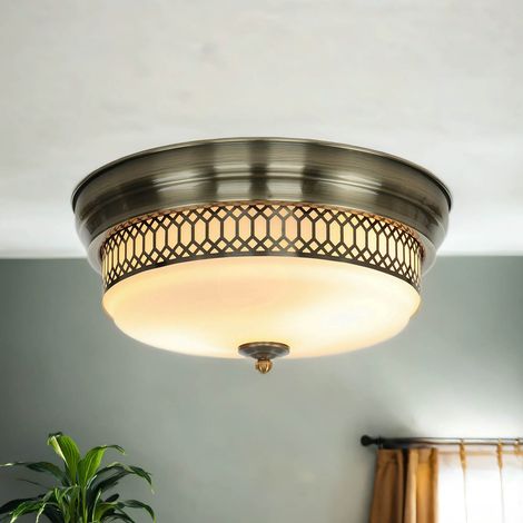 Deckenleuchte Metall Glas E27 IP44 rund D: 35 cm in Messing Antik Weiß 2-flammig Jugendstil (1/5)