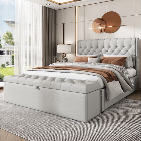 Banco baúl tapizado en tela gris claro, 141 x 41,5 x 47 cm, con gran capacidad de almacenaje para dormitorio y salón, estilo elegante europeo - CHICFURN (1/5)