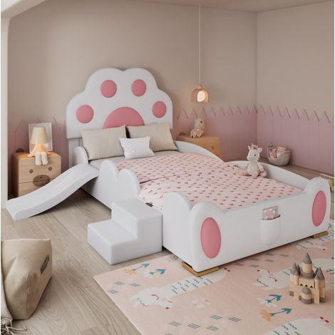 Letto singolo per bambini 90x200 cm rosa e bianco in PU con scivolo, scaletta e tasca (1/5)