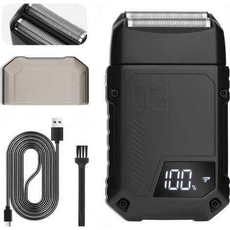 (Schwarz) Elektrischer Rasierer für Herren, kabelloser Barttrimmer, wasserdicht, 3 einstellbare Rasiergeschwindigkeiten, Typ-C-Ladegerät, LED-Anzeige (Schwarz) (1/5)
