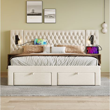 MEUBLIV Lit 160x200 cm beige – 4 tiroirs, chevets intégrés et USB, sans matelas (1/5)