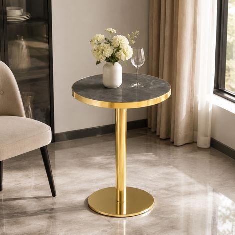Mesa auxiliar redonda 50x50x55 cm gris y dorado en MDF con efecto mármol y base estable (1/5)