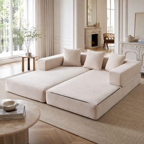 Canapé modulable en blocs de chenille douce, librement combinable en canapé, lit d’appoint ou lounge, avec poches latérales et base antidérapante (1/5)