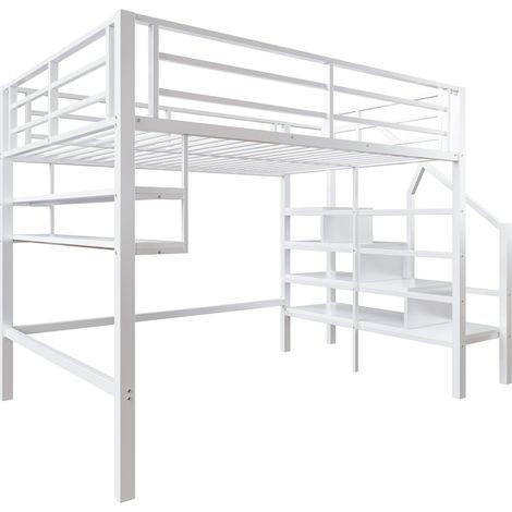 Letto a soppalco per bambini 140 x 200 cm in metallo e MDF bianco con scala contenitore (1/5)