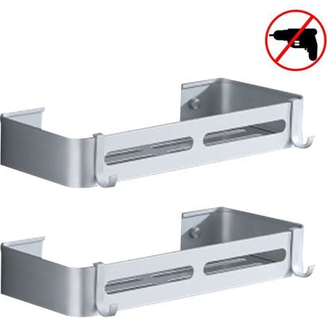 Étagère d'angle de douche, panier de douche en aluminium, étagères de salle de bain - Adhésif puissant (sans perçage), crochets amovibles, panier de rangement suspendu en aluminium antirouille (1/4)