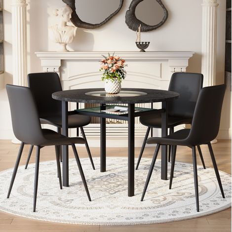 Conjunto de mesa redonda y 4 sillas PU negras, mesa Ø100 cm, efecto madera negra, DESVIAE (1/5)