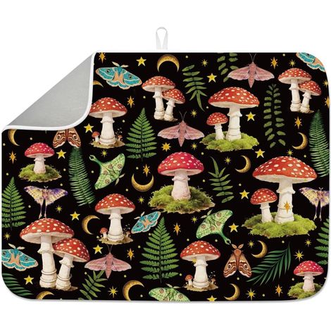 Tapis de séchage pour vaisselle en forme de champignon fougère 45 x 60 cm, tapis absorbant les mites de l'amanita rétro champignon floral rustique rustique pour table, comptoir, évier, café (1/5)