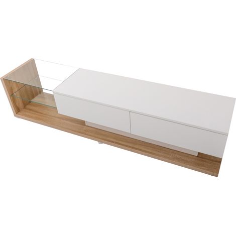 Mobile TV basso 170 cm bianco lucido e finitura legno con LED regolabile e ripiani in vetro MODENUIT (1/5)