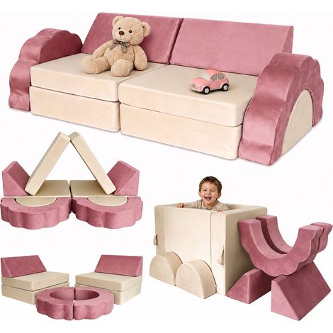 Relaxdays Children's Play Sofa, modular 10-piece set, soft building blocks, velvet, H x W x D: 47x150x65 cm, pink (1/5)
