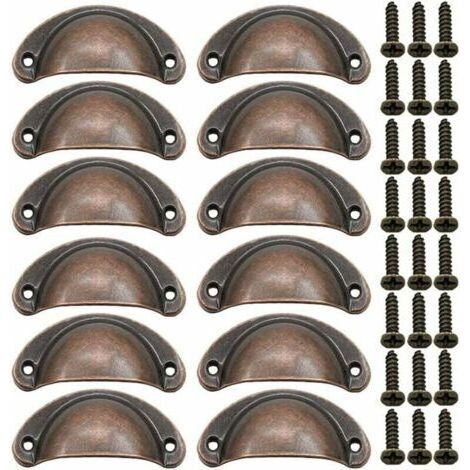 Pair 12 Pièces Poignée de Porte Coquille, Rétro Poignées de Porte, Poignées de Meubles Traditionnelles en Demi Lune Avec Vis, pour Tiroir, Armoire, Commode (Bronze Rouge)