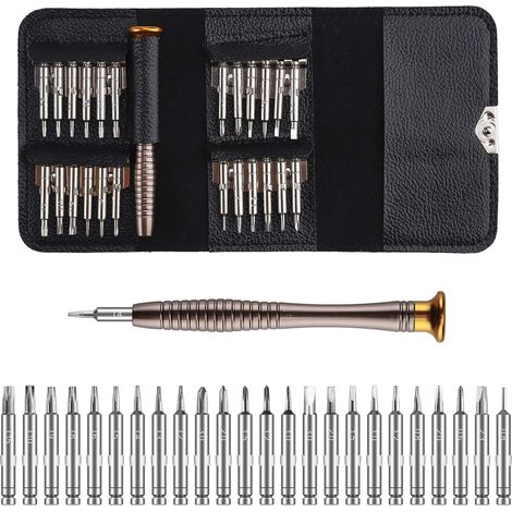 Mini Tournevis Précision Kit Outils de Réparation de Tournevis de Précision 25 en 1 Portable avec Étui en Cuir pour Laptop Montre Bijoux Jouets