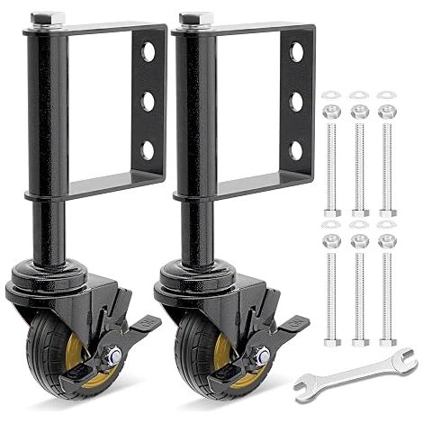 Lot de 2 roues de portail avec frein - 7,6 cm - Pour portail en bois - Capacité de charge de 75 kg - Amortisseur à ressort en caoutchouc plein - Pour roues de portail - Avec vis et tournevis (1/5)