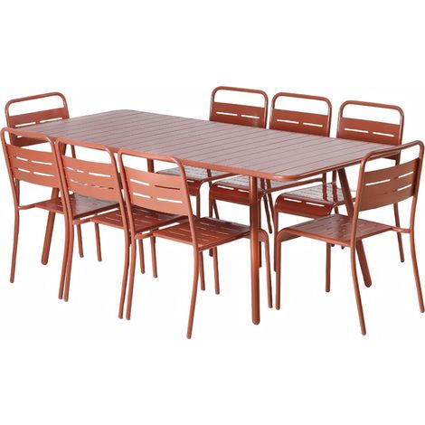 Concept-Usine – Ensemble table de jardin 200 cm – 8 chaises empilables en acier thermolaqué – Résistant aux rayons UV et à la corrosion – Salon de jardin terracotta (1/5)