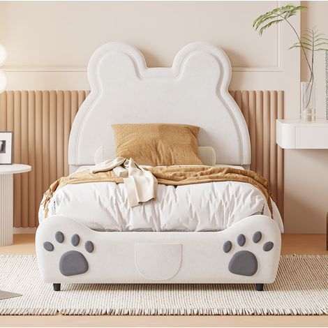 Letto imbottito per bambini a forma di orso 90x200 cm, bianco, con rete a doghe (1/5)