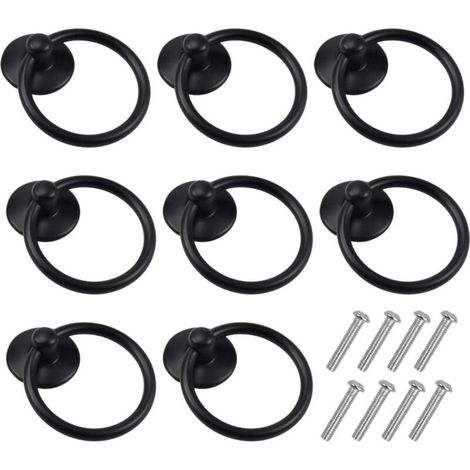Lot de 8 poignées de tiroir vintage, boutons d'armoire ronds, poignées d'armoire en forme d'anneau, poignées d'armoire en forme d'anneau, pour la cuisine, commode, porte(noir) (1/5)