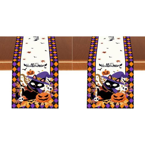 Camino de mesa de Halloween, estampado de cuadros morados y naranjas, calabaza, fantasma, gato negro y hojas de otoño, 33 x 183 cm (2 piezas) (1/4)
